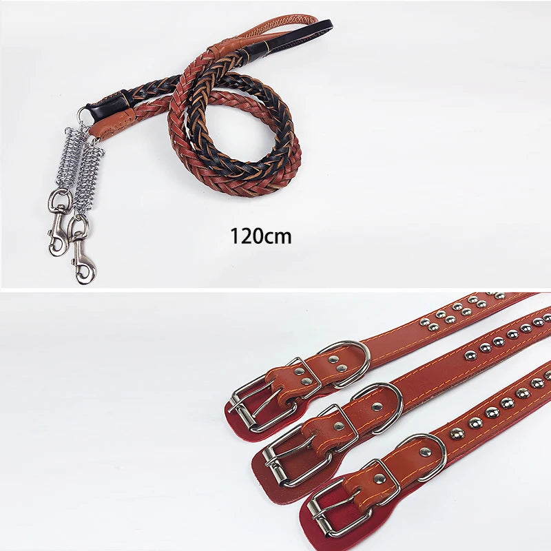 Pet Leather Dog Collar Leash For Large Dog Leather Dog Traction Drag Tow Rope Chain Pet Dog Supplies Accessories Prevent Runaway Fashioned Furbabies