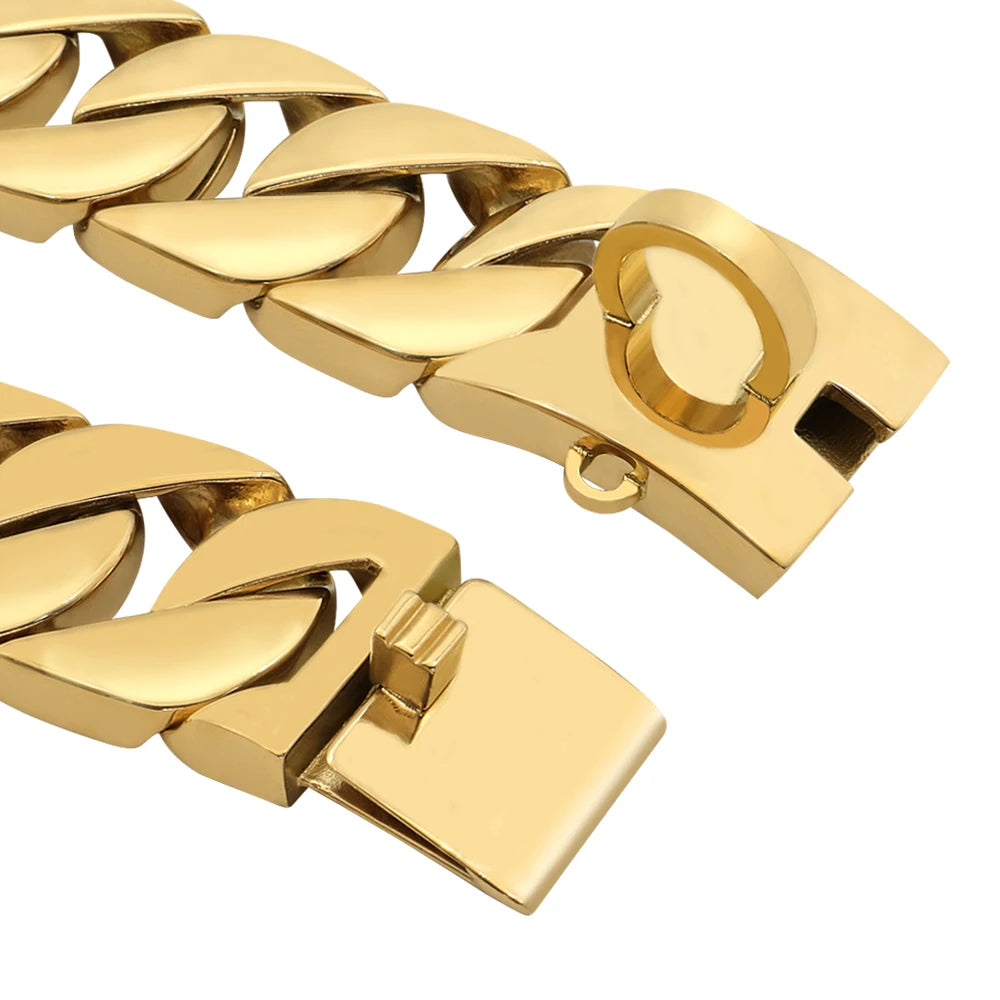 Gold Cuban Chain Dog Collar — 32mm Stainless Steel 316 Heavy Duty Collar for Large & Bully Breeds | 10 Lengths | 18K Gold