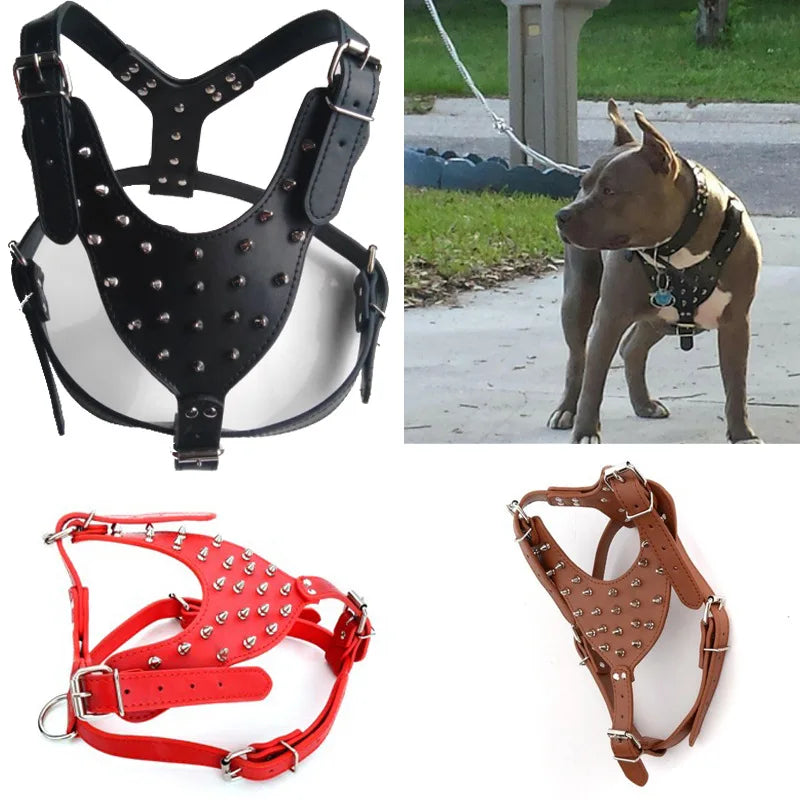 Large Dog Zinc alloy Rivets Spiked Studded PU Leather Dog Harness for Pitbull big Breed Dogs Pet Harnesses vest dog chest strap Fashioned Furbabies