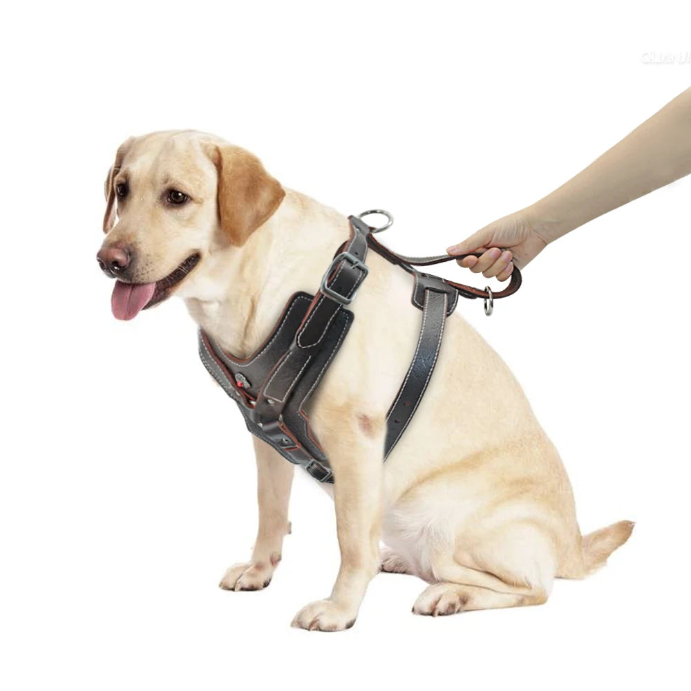 Durable Dog Harness Large Dogs Genuine Leather Harnesses Pet Training Vest With Quick Control Handle For Labrador Pitbull Fashioned Furbabies