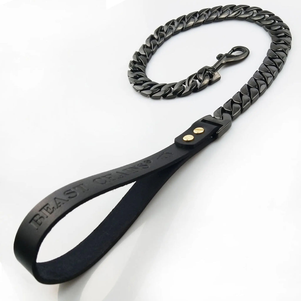 Manufacturers Pet Leather Handle Stainless Steel Leashes Gold Cuban Chain Dog Harness Big Dog Collars and Leads
