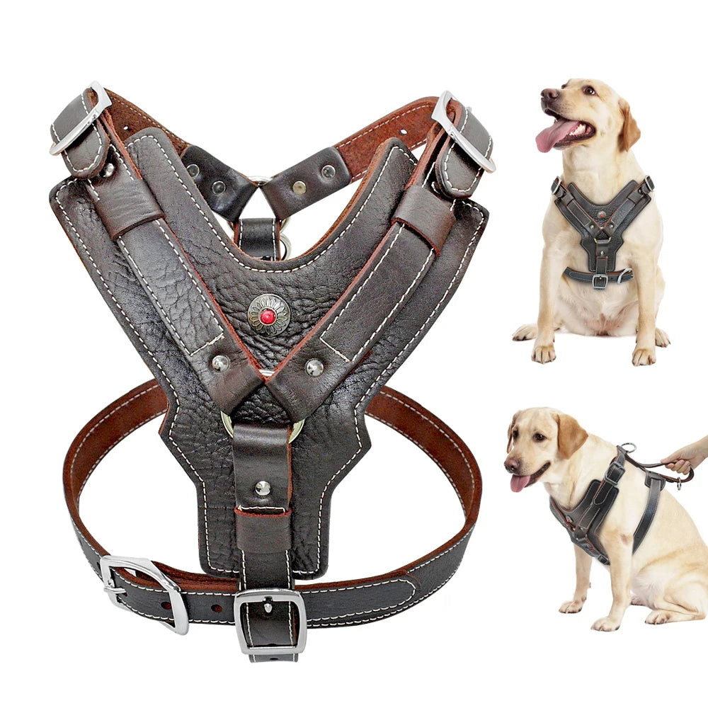 Durable Dog Harness Large Dogs Genuine Leather Harnesses Pet Training Vest With Quick Control Handle For Labrador Pitbull Fashioned Furbabies