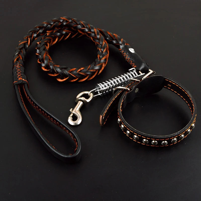 Pet Leather Dog Collar Leash For Large Dog Leather Dog Traction Drag Tow Rope Chain Pet Dog Supplies Accessories Prevent Runaway Fashioned Furbabies
