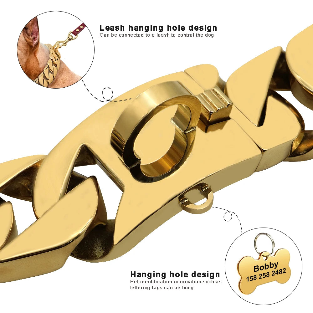Gold Cuban Chain Dog Collar — 32mm Stainless Steel 316 Heavy Duty Collar for Large & Bully Breeds | 10 Lengths | 18K Gold