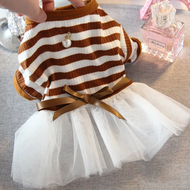 Princess Tutu Dog Dress — Cotton Striped Bowknot Party Skirt for Small Dogs & Cats | Brown & Black | XS–XL