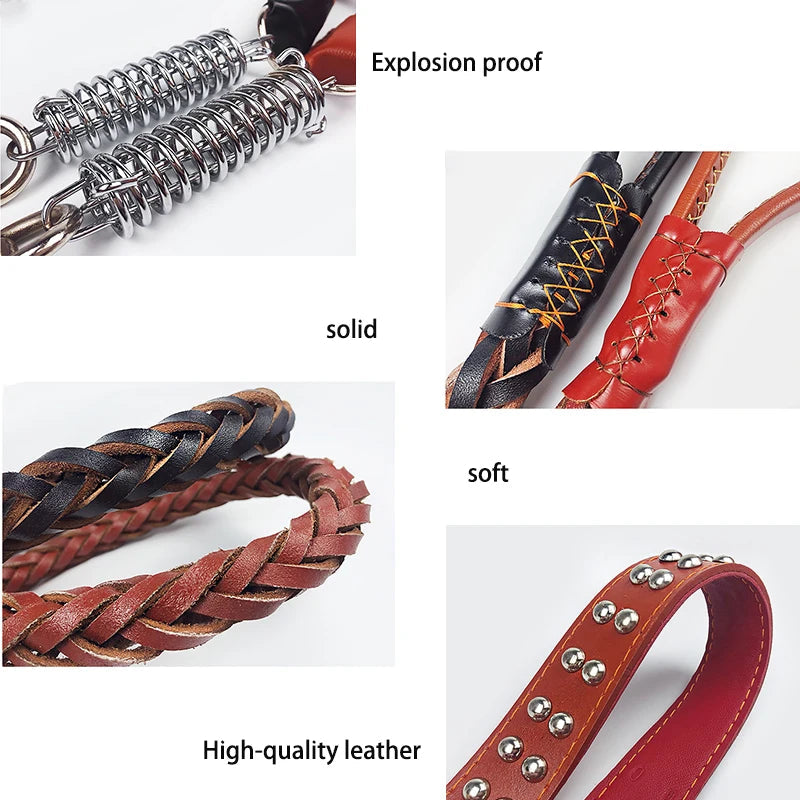 Pet Leather Dog Collar Leash For Large Dog Leather Dog Traction Drag Tow Rope Chain Pet Dog Supplies Accessories Prevent Runaway Fashioned Furbabies