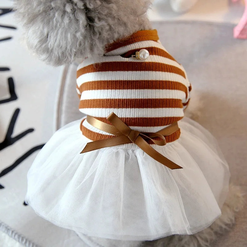 Princess Tutu Dog Dress — Cotton Striped Bowknot Party Skirt for Small Dogs & Cats | Brown & Black | XS–XL