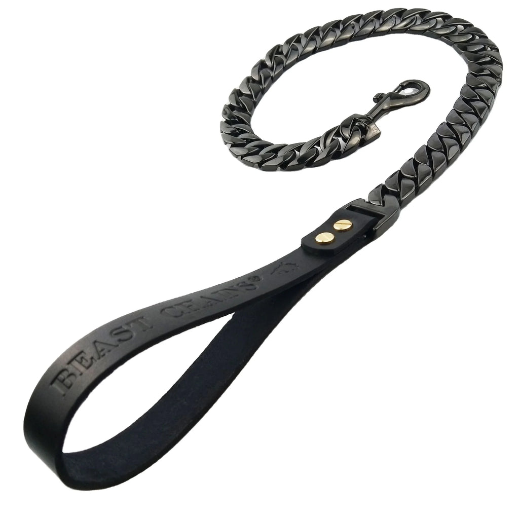 Manufacturers Pet Leather Handle Stainless Steel Leashes Gold Cuban Chain Dog Harness Big Dog Collars and Leads