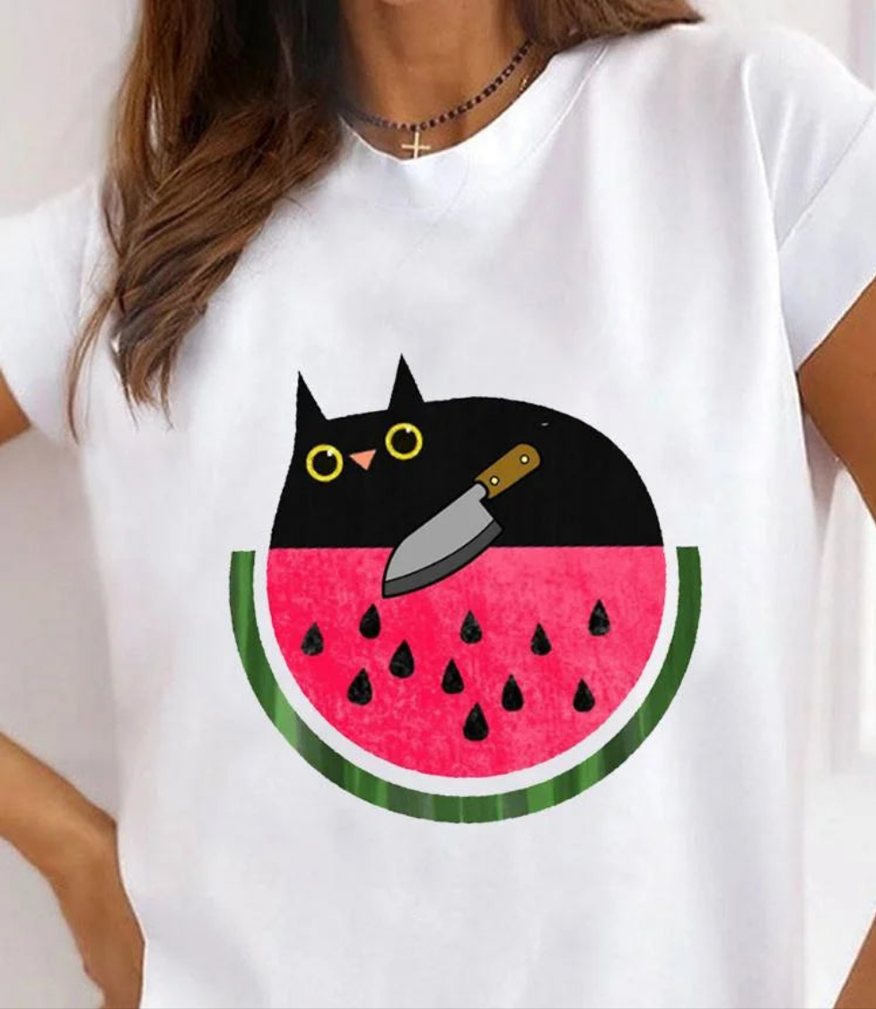 Women's Cat Animal Print T-Shirt, Pet Love Style Clothes, Summer Female T-shirts, Short Sleeve, Ladies Fashion, Women's Clothing