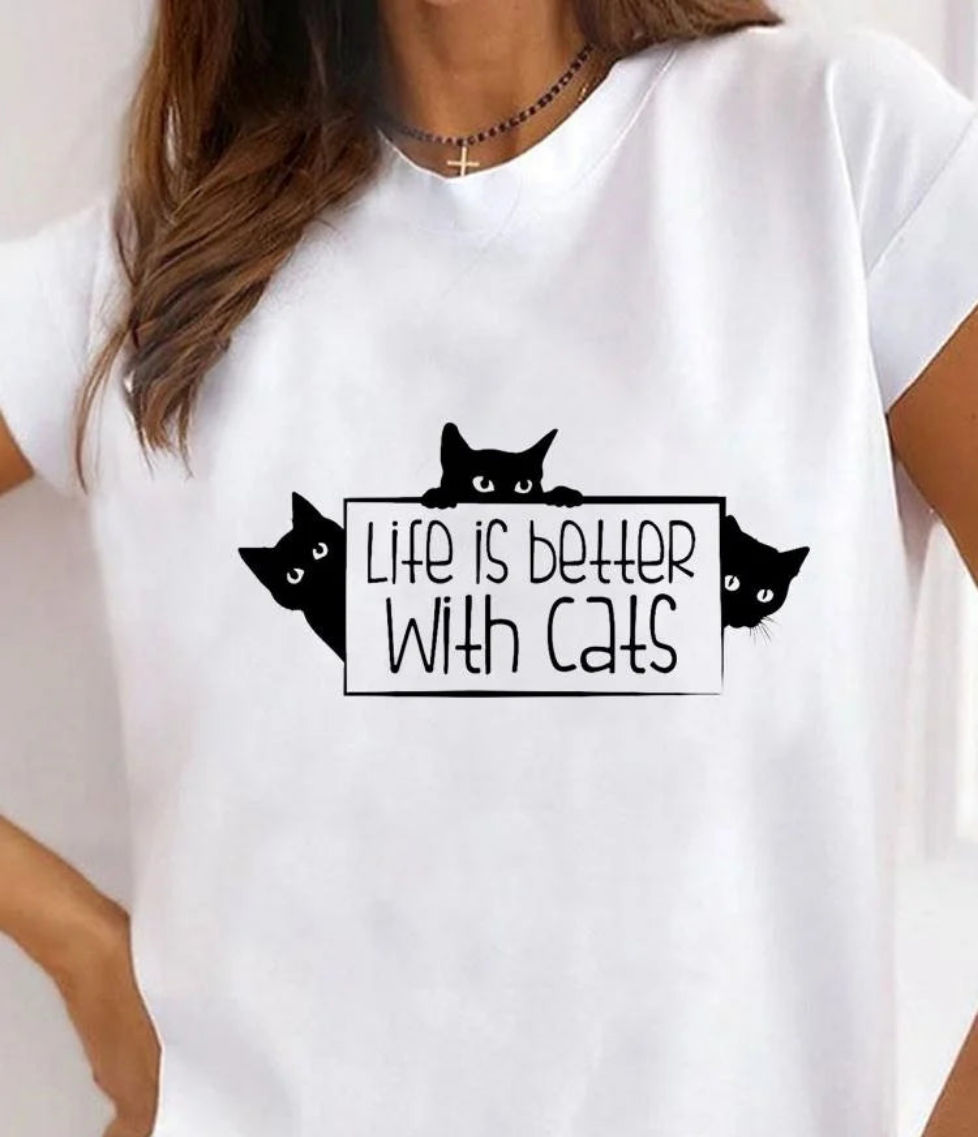 Women's Cat Animal Print T-Shirt, Pet Love Style Clothes, Summer Female T-shirts, Short Sleeve, Ladies Fashion, Women's Clothing
