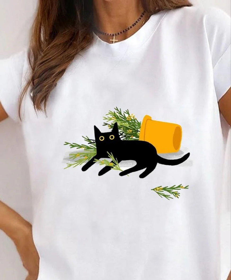 Women's Cat Animal Print T-Shirt, Pet Love Style Clothes, Summer Female T-shirts, Short Sleeve, Ladies Fashion, Women's Clothing