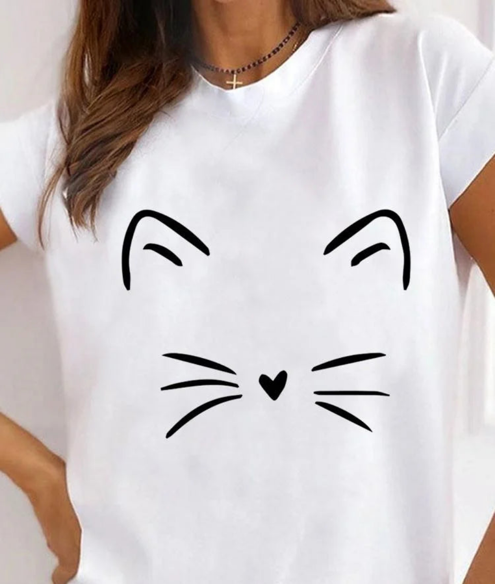 Women's Cat Animal Print T-Shirt, Pet Love Style Clothes, Summer Female T-shirts, Short Sleeve, Ladies Fashion, Women's Clothing
