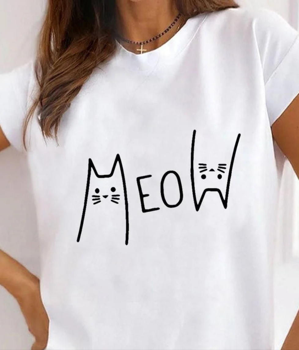 Women's Cat Animal Print T-Shirt, Pet Love Style Clothes, Summer Female T-shirts, Short Sleeve, Ladies Fashion, Women's Clothing