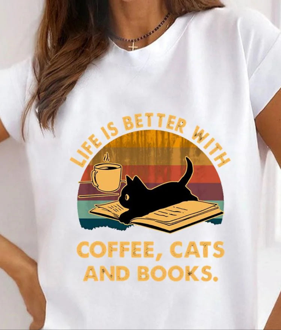 Women's Cat Animal Print T-Shirt, Pet Love Style Clothes, Summer Female T-shirts, Short Sleeve, Ladies Fashion, Women's Clothing