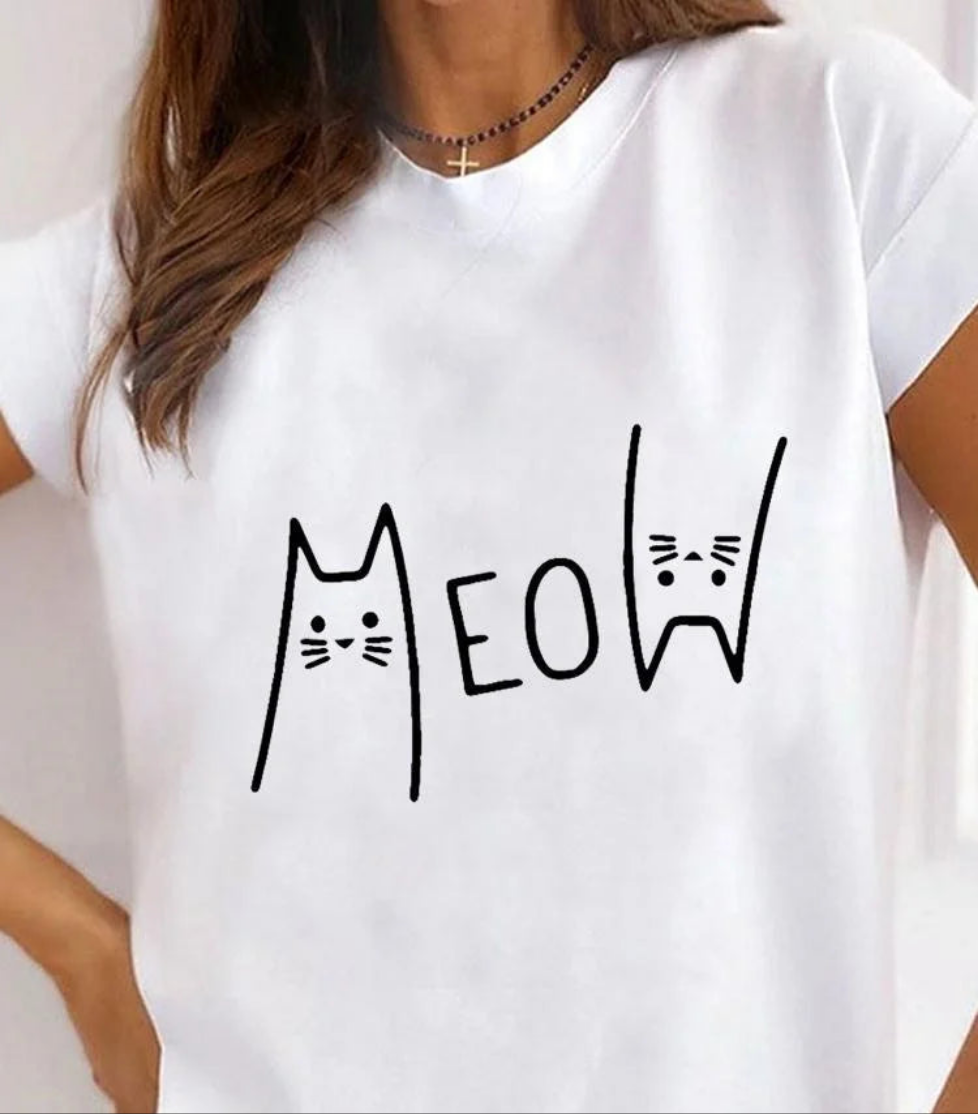 Women's Cat Animal Print T-Shirt, Pet Love Style Clothes, Summer Female T-shirts, Short Sleeve, Ladies Fashion, Women's Clothing