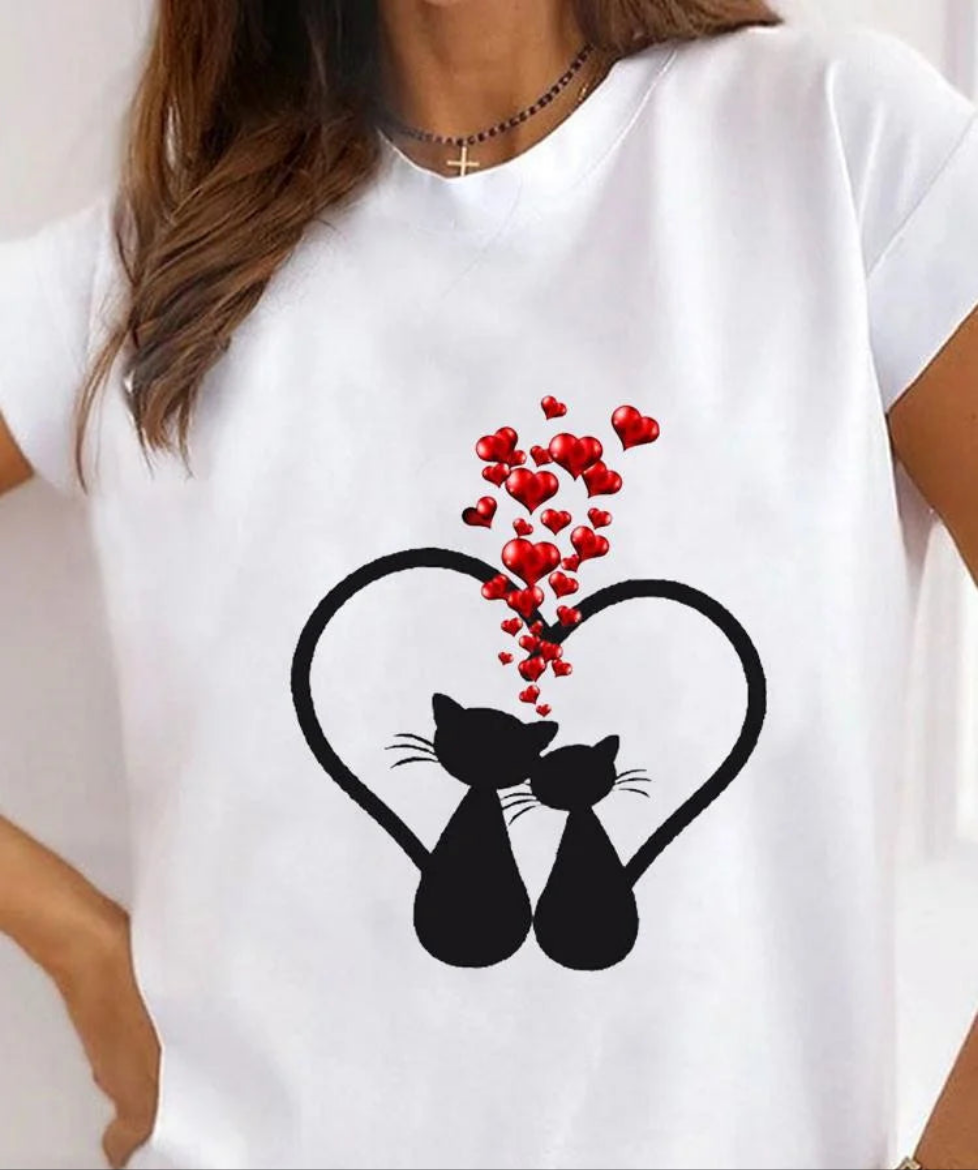 Women's Cat Animal Print T-Shirt, Pet Love Style Clothes, Summer Female T-shirts, Short Sleeve, Ladies Fashion, Women's Clothing