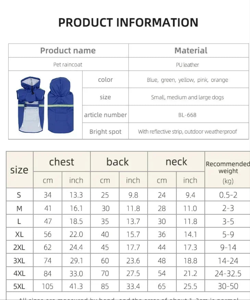 Waterproof hooded rain jackets for medium to large dogs.