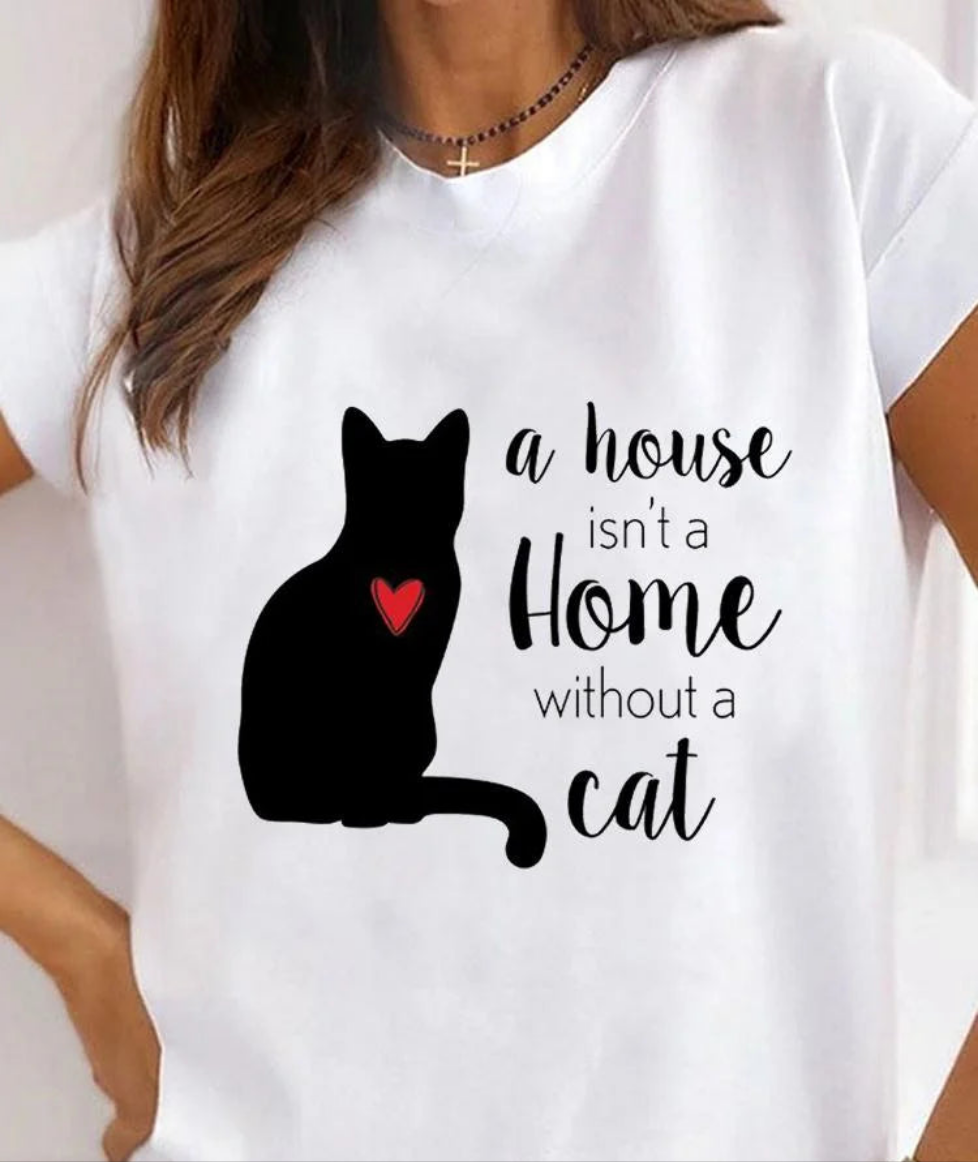 Women's Cat Animal Print T-Shirt, Pet Love Style Clothes, Summer Female T-shirts, Short Sleeve, Ladies Fashion, Women's Clothing