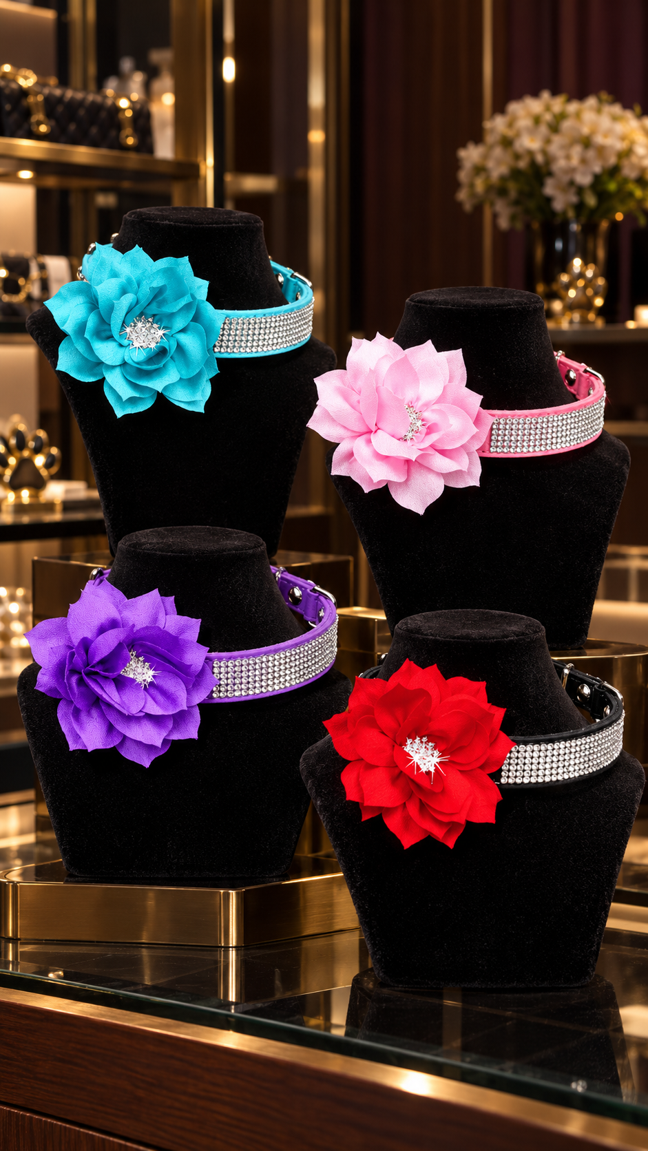 Rhinestone Dog Collar — Glitter Floral Suede Leather Collar & Optional 4ft Leash Set | Black, Blue, Pink & Purple | XS–L