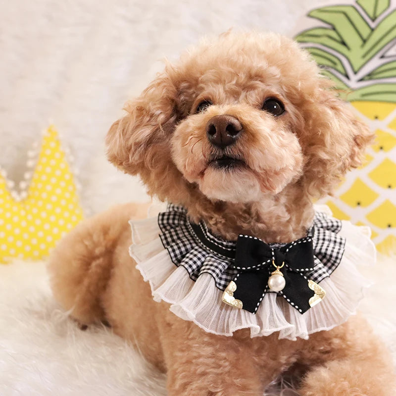Pet Dog Accessories Cute Puppy Cat Collars Black White Lace Pearl Bow Bibs For Small Medium Dog Jewelry Supplies Chihuahua Teddy Fashioned Furbabies