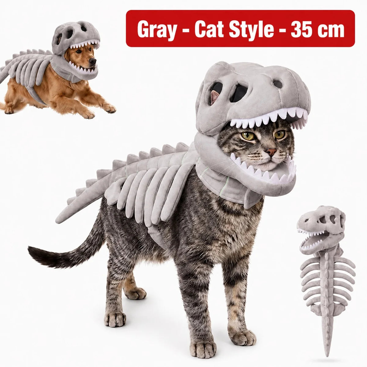 Halloween Dinosaur Skeleton Pet Costume | Plush Over-the-Head Cosplay for Dogs & Cats