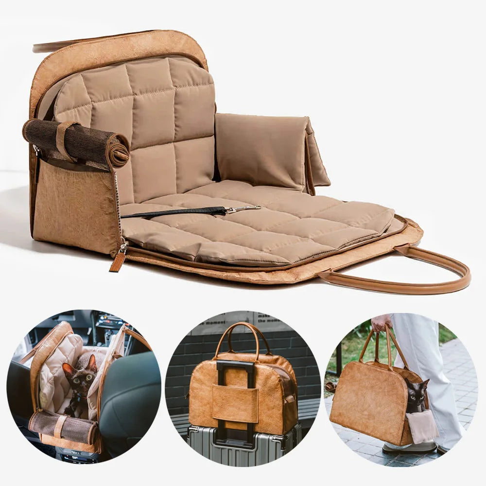 Windproof PU Leather Pet Carrier Bag — Warm Travel Handbag with Dual Mats for Small Dogs & Cats | Black & Brown