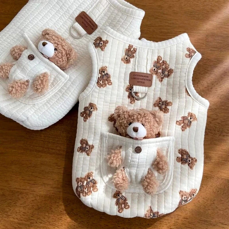 Cartoon Soft Cotton Dog Vest Shirt — Harness-Style Top for Small Dogs & Cats | Bear & White | XS–XL