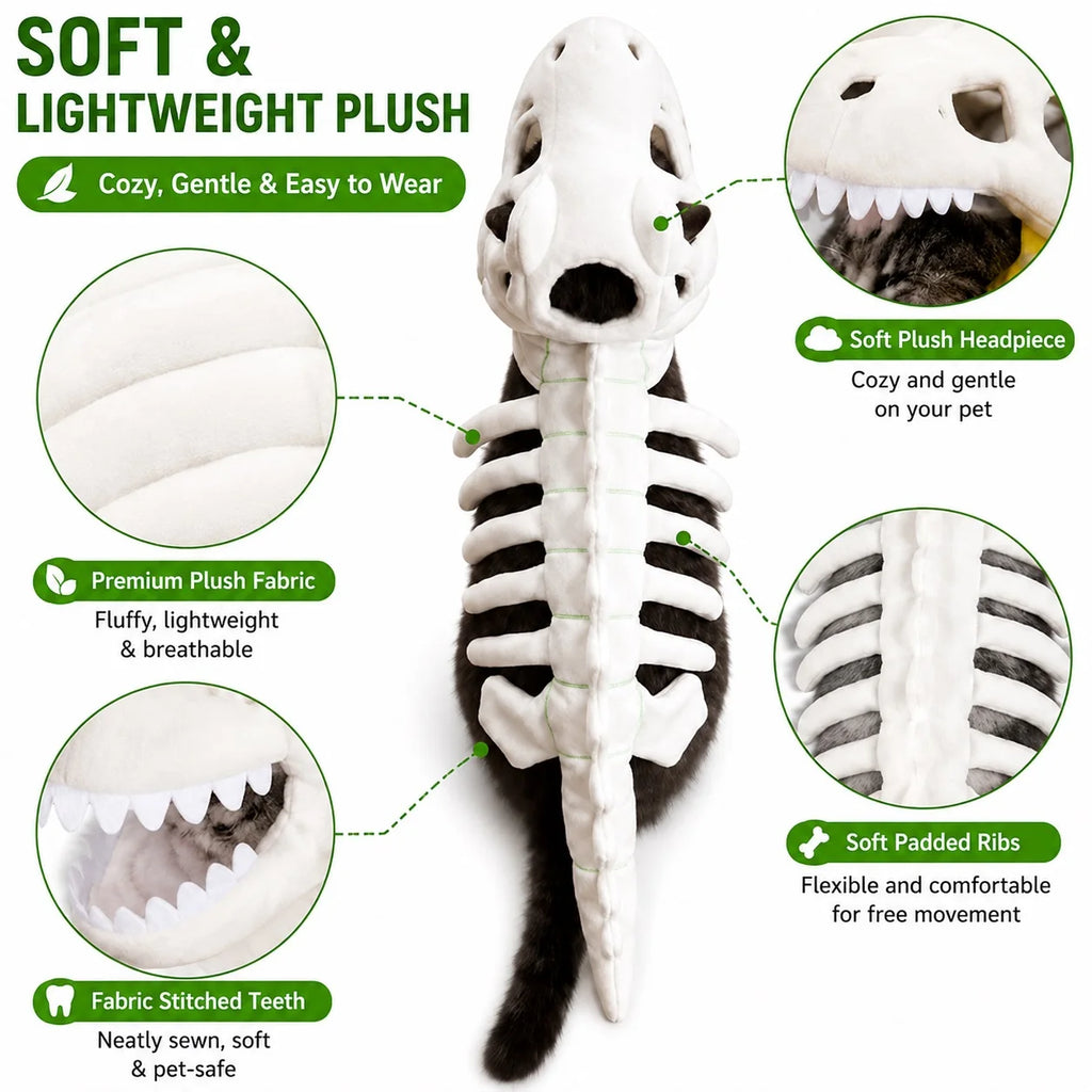 Halloween Dinosaur Skeleton Pet Costume | Plush Over-the-Head Cosplay for Dogs & Cats