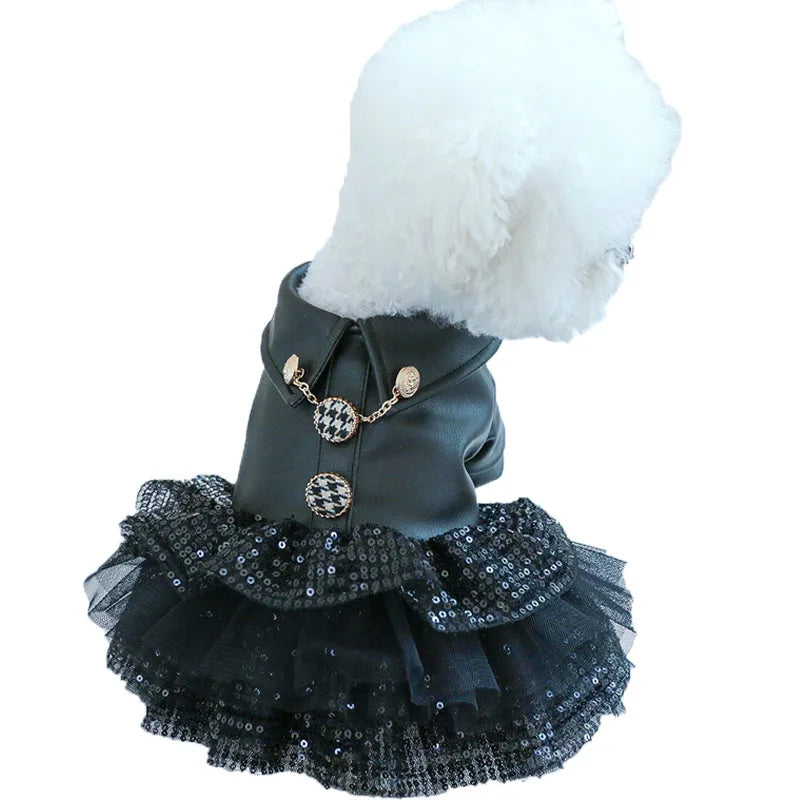 Dog Clothes Autumn Winter Luxury Black PU Leather Dog Coat Clothing For Small Dogs Chihuahua Sequins Tulle Skirt Coats Jacket XS Fashioned Furbabies