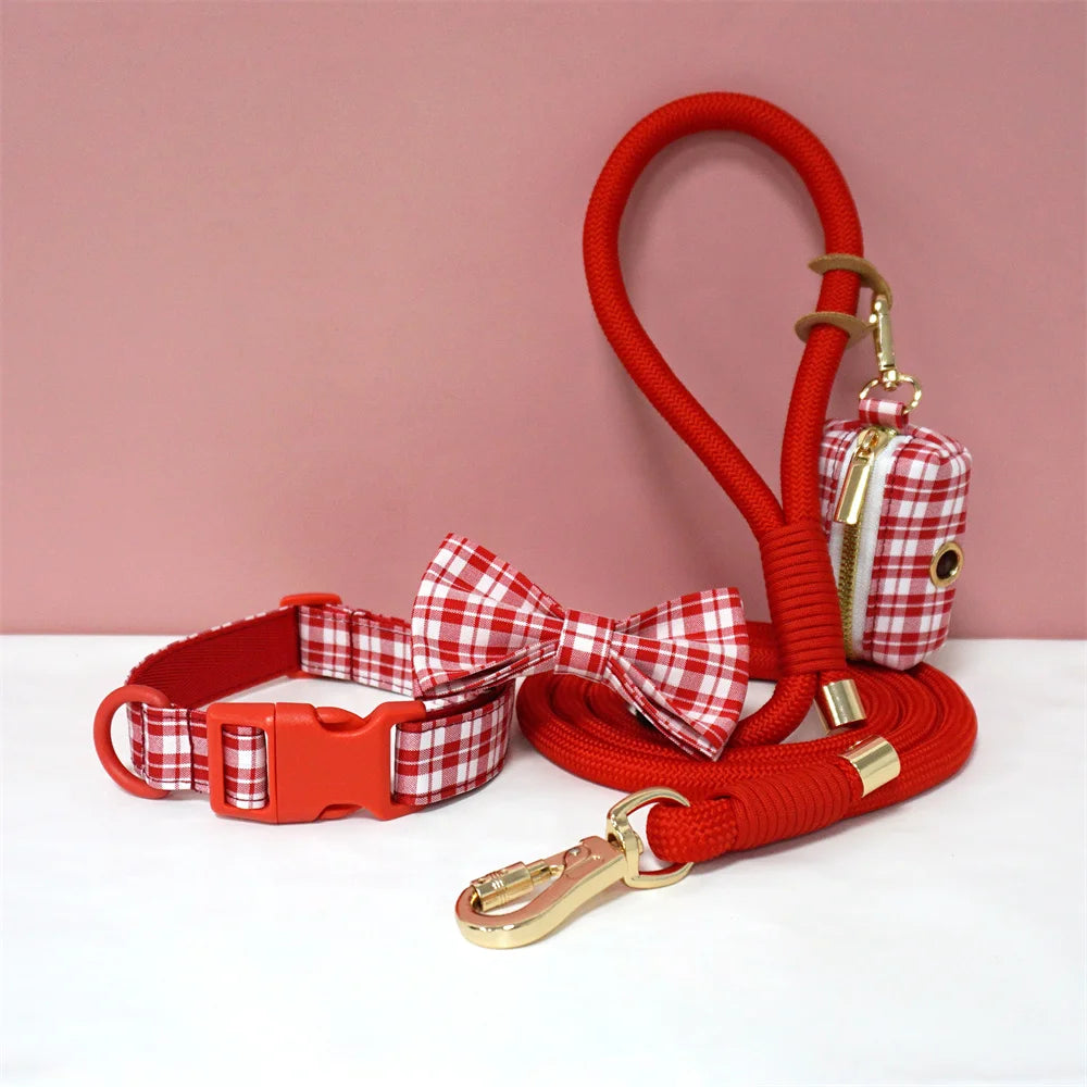 Luxury Bow Dog Collar Set | Cotton & Polyester | XS–XL | With Leash & Poop Bag