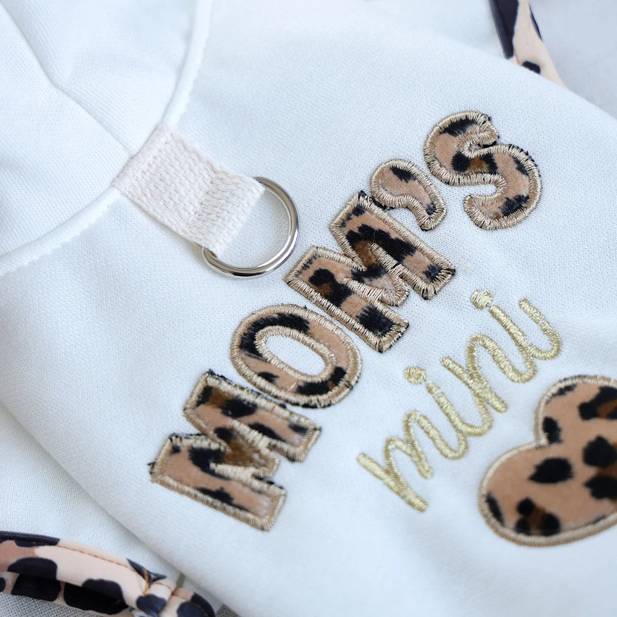 "Mom's Little Baby" Dog Hoodie Cardigan — White Leopard Print Embroidered Sweater for Small Dogs | XS–XL