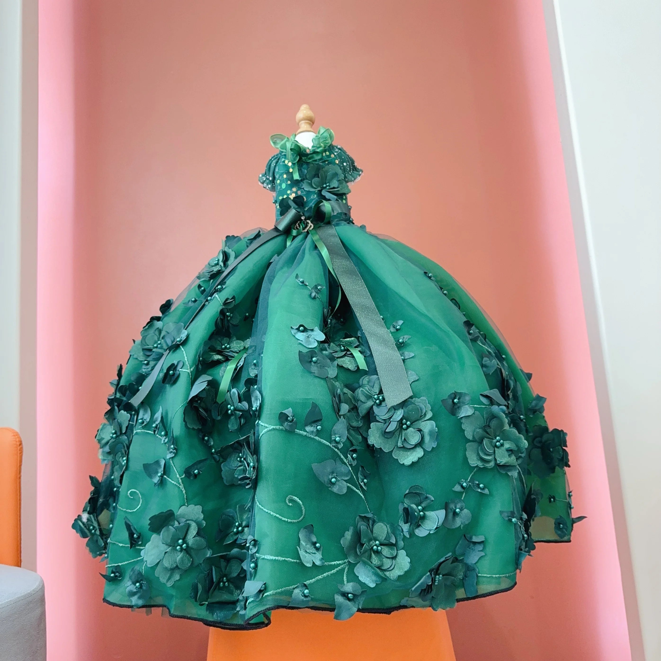 Luxury Blackish Green Pet Dog Clothes Fine Handmade Sequin Beads Flower Decor Long Tail Princess Dresses For Small Medium Dog Fashioned Furbabies