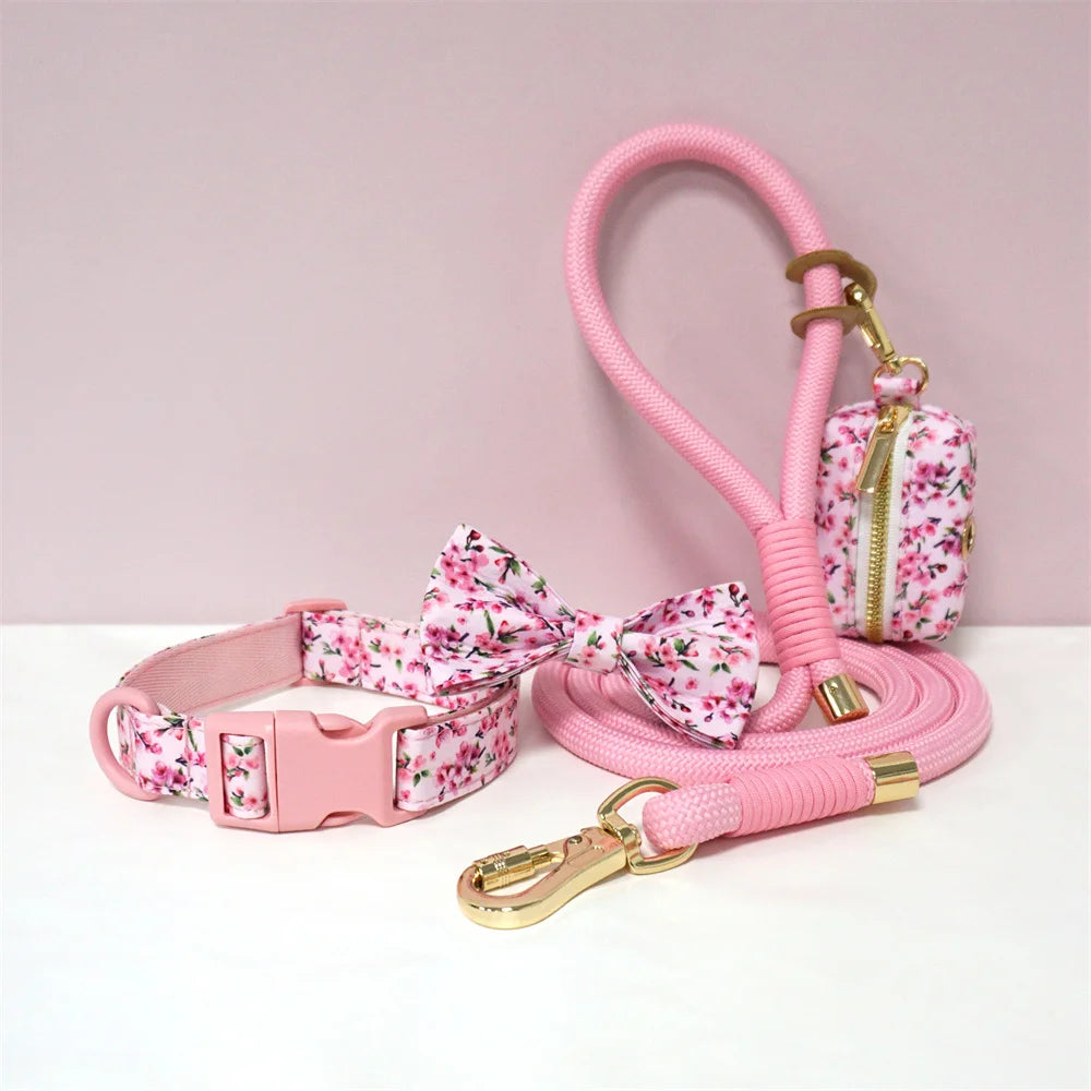 Luxury Bow Dog Collar Set | Cotton & Polyester | XS–XL | With Leash & Poop Bag