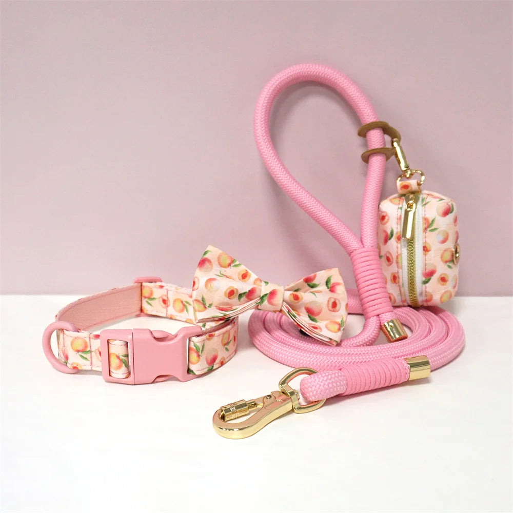 Luxury Bow Dog Collar Set | Cotton & Polyester | XS–XL | With Leash & Poop Bag