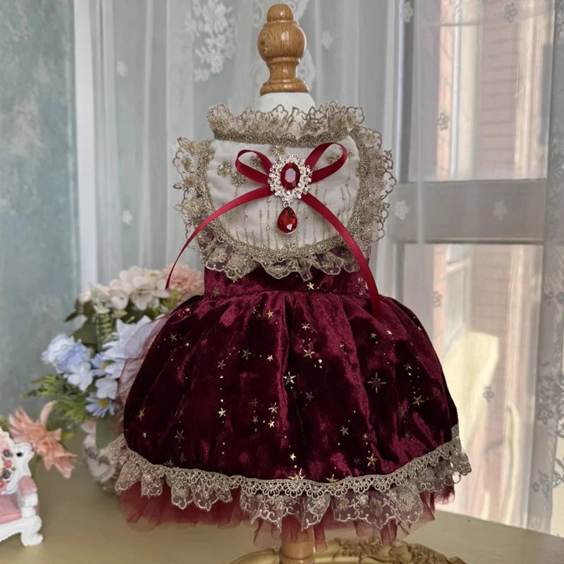 Wine Red Velvet Dog Dress - Handmade Crystal Bow Gown