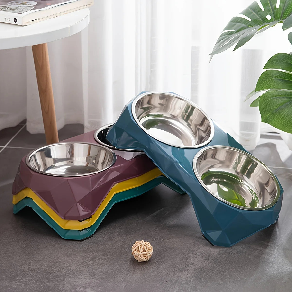 Stainless Steel Double Pet Bowl — Non-Slip Diamond Pattern Food & Water Feeder for Dogs & Cats