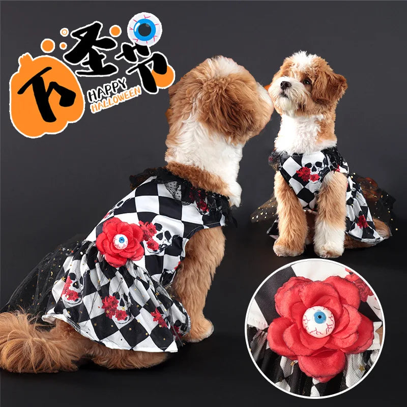 Halloween Checkered Pet Dress | Skull & Floral Costume Dress for Small & Medium Dogs S–XL