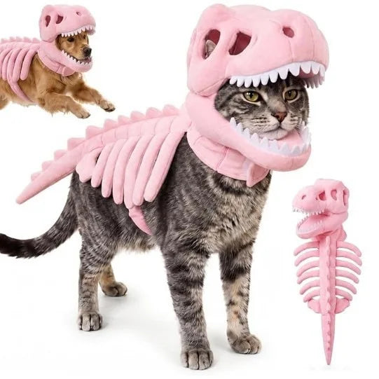 Halloween Dinosaur Skeleton Pet Costume | Plush Over-the-Head Cosplay for Dogs & Cats