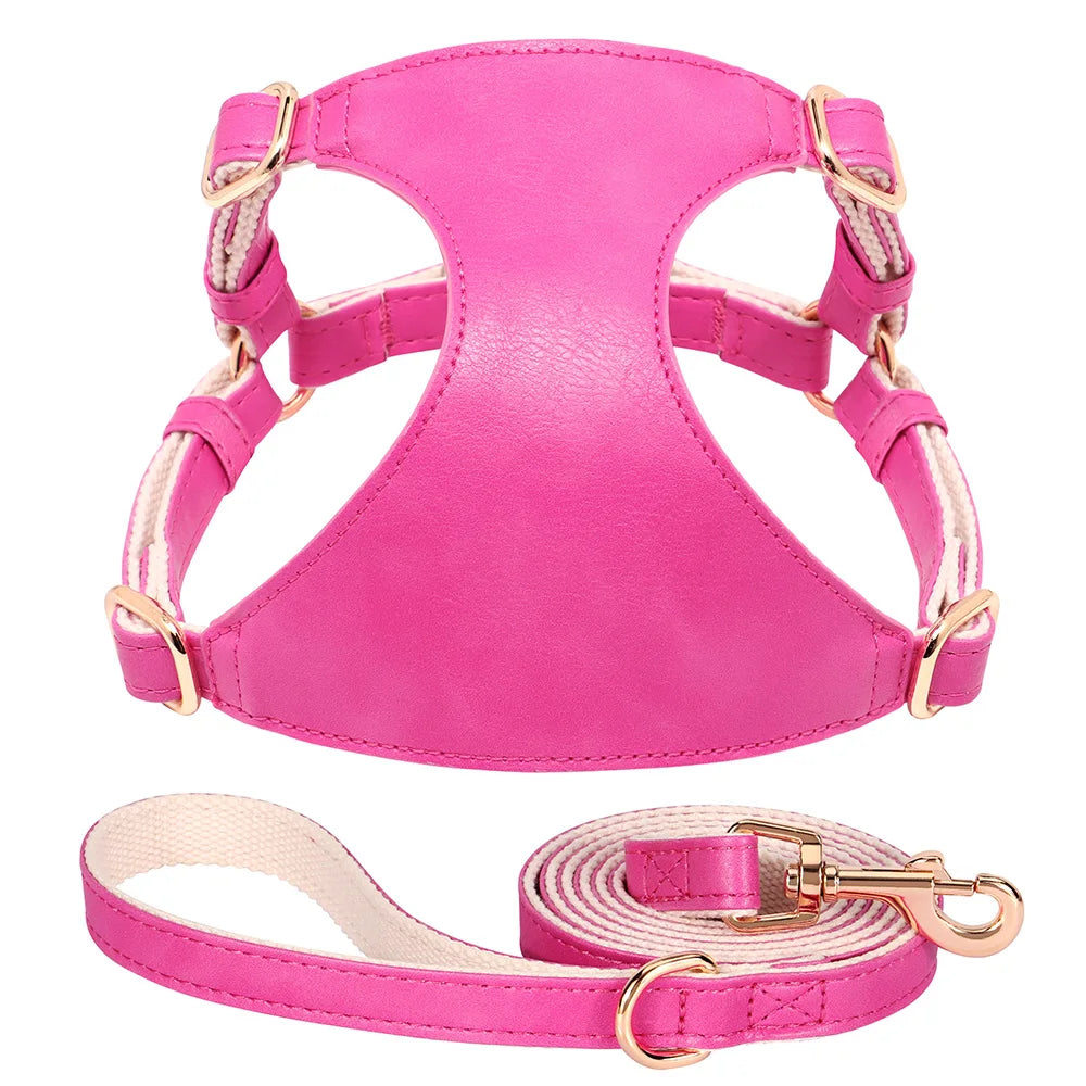 Soft Genuine Leather Dog Harness Leash Set Small Medium Dogs Cats Harness Vest For Chihuahua French Bulldog Walking Training Fashioned Furbabies