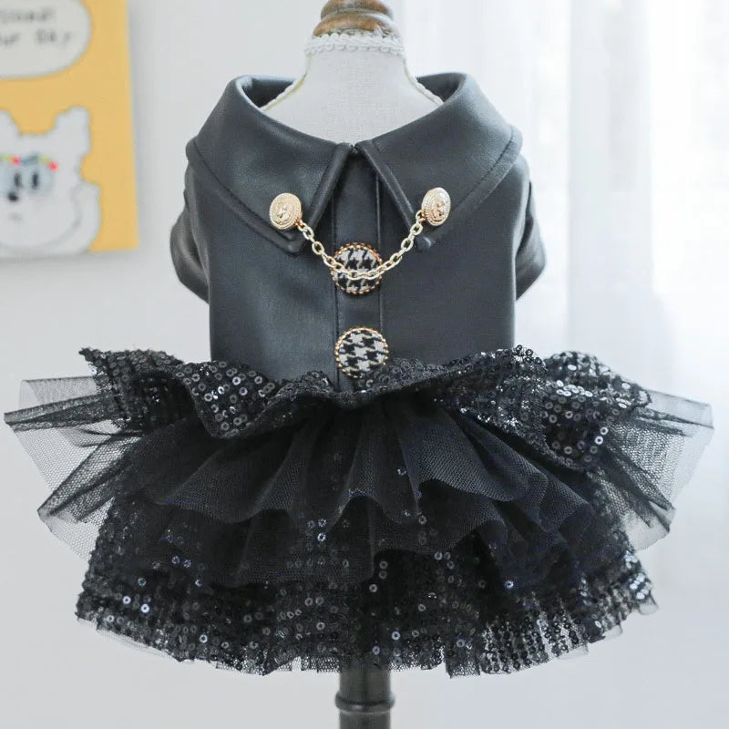 Dog Clothes Autumn Winter Luxury Black PU Leather Dog Coat Clothing For Small Dogs Chihuahua Sequins Tulle Skirt Coats Jacket XS Fashioned Furbabies