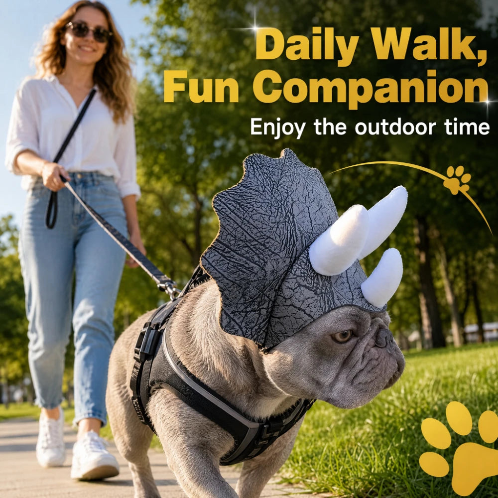 Halloween Dinosaur Dog Hat | Triceratops Headwear Costume for French Bulldogs & Small Dogs