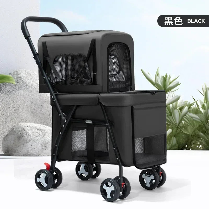Double-Layer Foldable Pet Stroller — Lightweight Ventilated Travel Cart for Cats & Dogs | Black & Gray