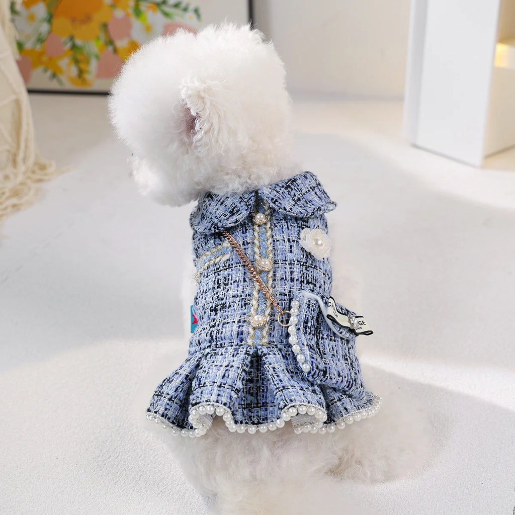 1-Piece Dog Clothes Cat Dog Pet Dress Autumn and Winter Thickened Warm Blue Skirt with Small Backpack