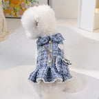 1-Piece Dog Clothes Cat Dog Pet Dress Autumn and Winter Thickened Warm Blue Skirt with Small Backpack