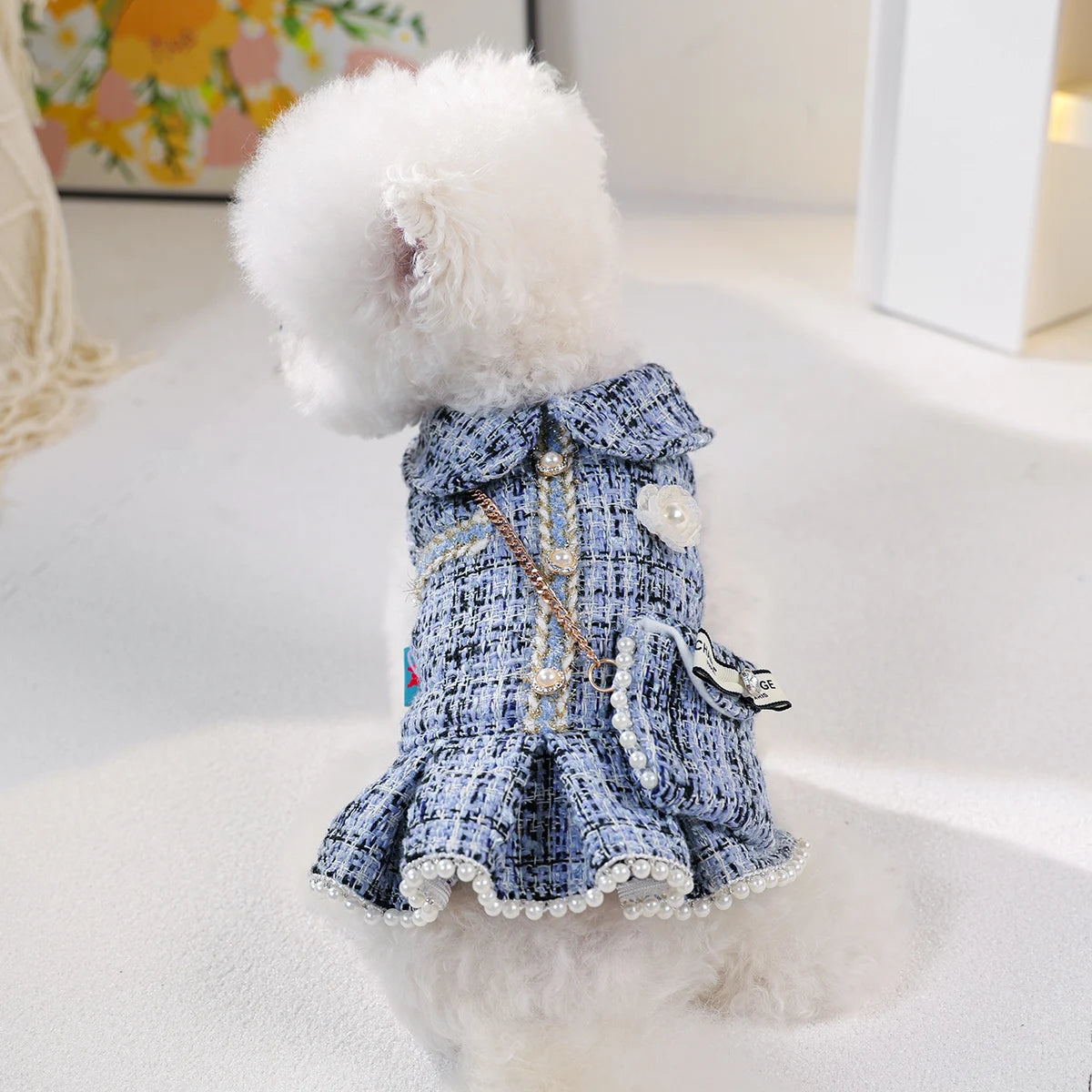 1-Piece Dog Clothes Cat Dog Pet Dress Autumn and Winter Thickened Warm Blue Skirt with Small Backpack