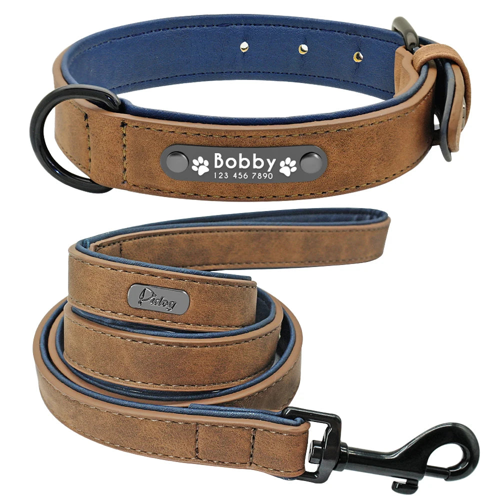 Leather Dog Collar Leash Custom Durable Leather Pet Collars and Leashes Walking Leads Strap Cusomized for Small Medium Large Dog Fashioned Furbabies