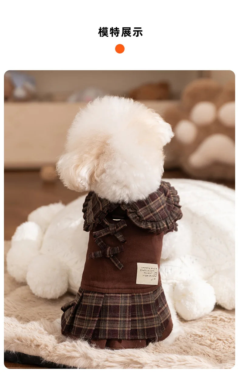 Autumn and Winter Pet Plaid Couple Outfit Thin Dress Hoodie Cat Teddy Jacket Dog Dresses for Small Dogs Puppy Clothes