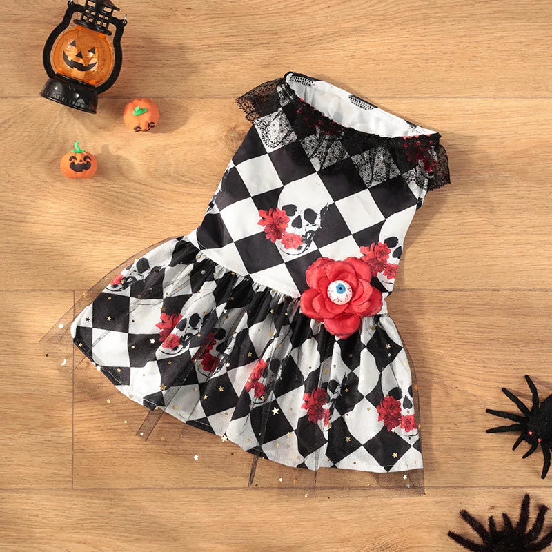Halloween Checkered Pet Dress | Skull & Floral Costume Dress for Small & Medium Dogs S–XL