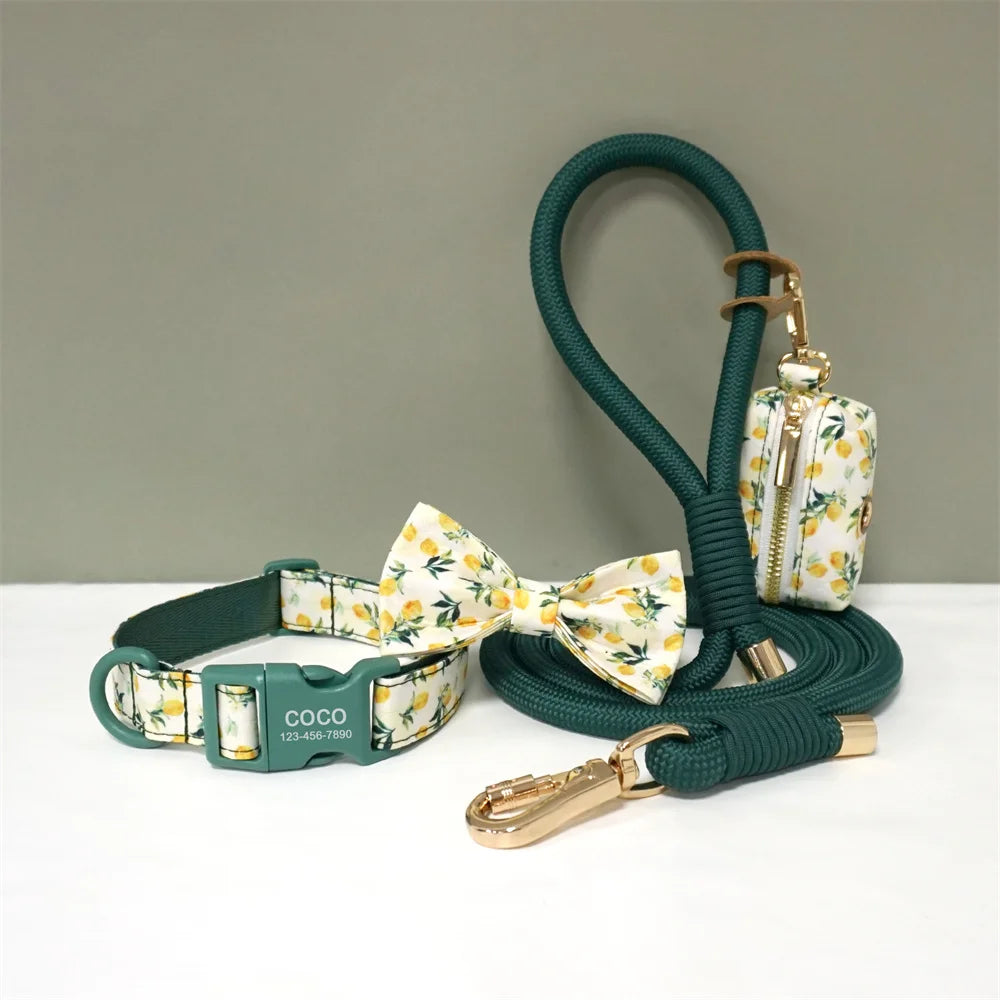 Luxury Bow Dog Collar Set | Cotton & Polyester | XS–XL | With Leash & Poop Bag