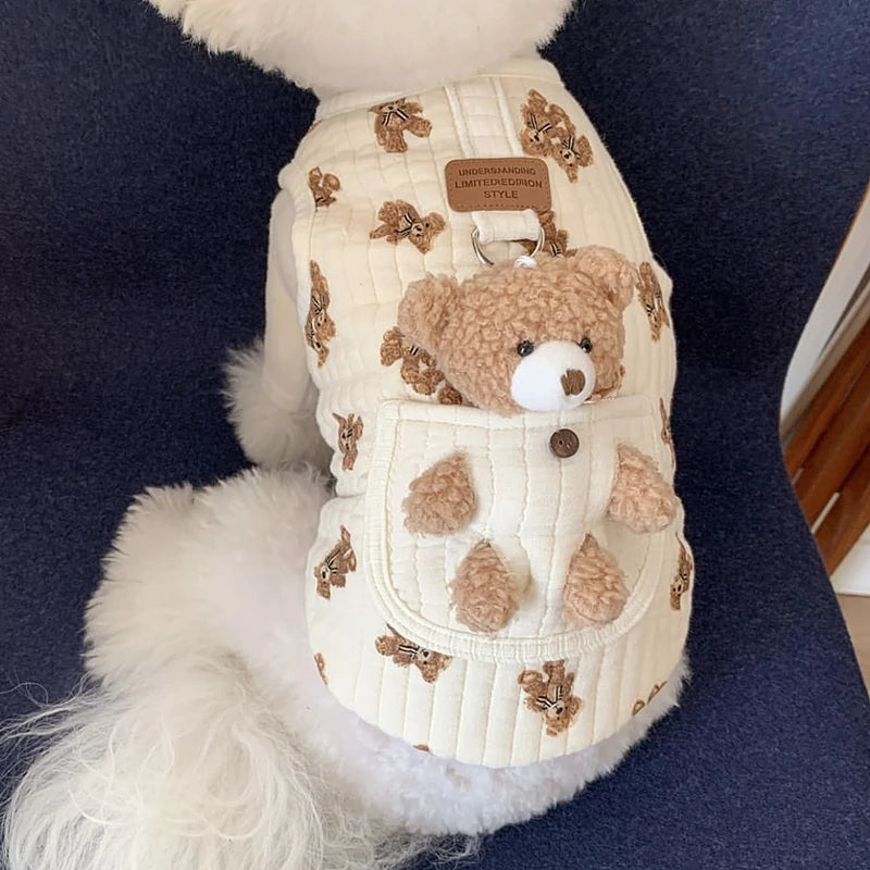 Cartoon Soft Cotton Dog Vest Shirt — Harness-Style Top for Small Dogs & Cats | Bear & White | XS–XL